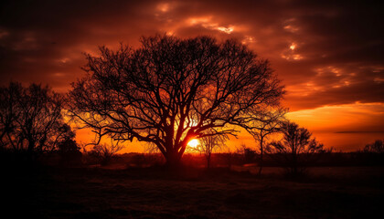 Obraz na płótnie Canvas Silhouette of acacia tree back lit by orange sunset sky generated by AI