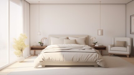 White bedroom interior. Earth tones design. 3d rendering