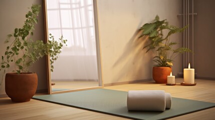 Yoga mat in yoga room with plant ,scented candle and mirror. 3d rendering