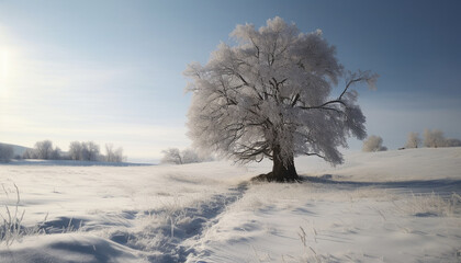 Tranquil winter landscape snow covered forest, frosty branches, and icy meadow generated by AI
