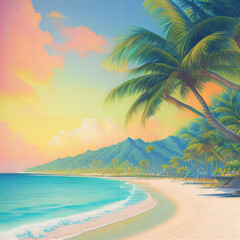A painting of a tropical beach with palm trees, chillwave, matte background, vaporwave, AI generated