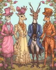 An illustration of deer in Victorian era attire. (Illustration, Generative AI)