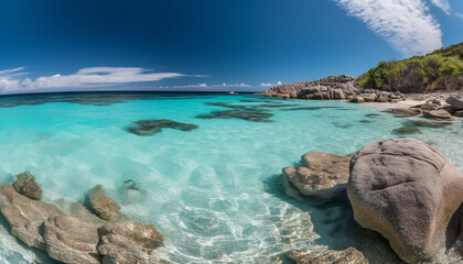 Fototapeta premium Transparent turquoise waves crash on idyllic Caribbean coastline, a paradise generated by AI