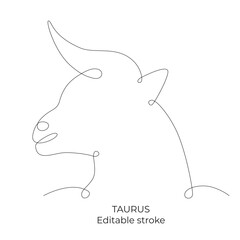 Taurus zodiac constellation one single hand drawing continues line. Vector stock illustration bull isolated on white background. Editable stroke line. 