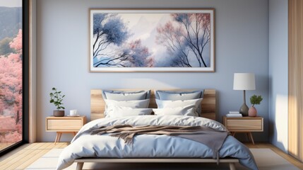 Contemporary bedroom interior in white and blue colors, with wall frame 3d render. Created with generative AI.