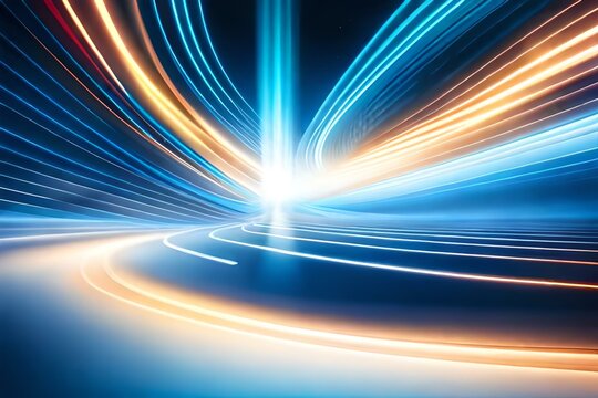 Vector Abstract, science, futuristic, energy technology concept. Digital image of light rays, stripes lines with blue light, speed and motion blur over dark blue background. Generative AI