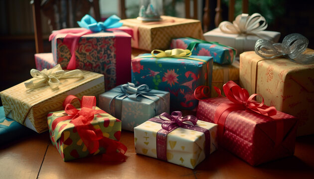 Stack of wrapped gift boxes in multi colored backgrounds for celebration generated by AI