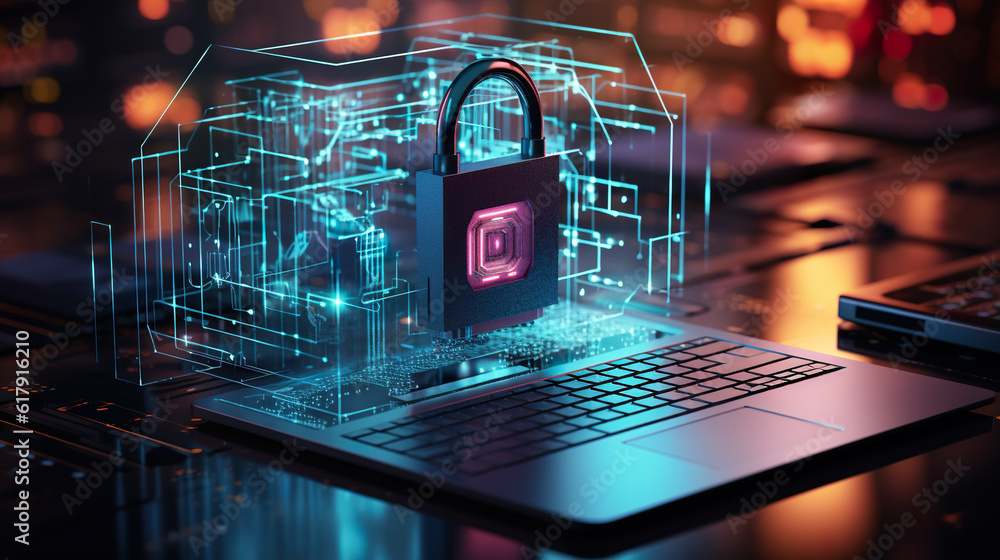 Aufkleber cyber security logistics, software, solutions. a laptop with a lock on the keyboard. generative ai i