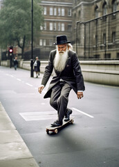 Obraz premium Hasidic Jewish Elder Skateboarding - generative ai