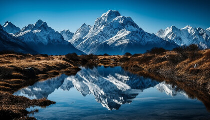 Fototapeta na wymiar Majestic mountain peak reflects in tranquil blue water below generated by AI