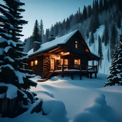 A cozy and rustic cabin nestled in the snowy mountains