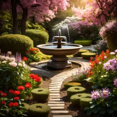 A peaceful garden with blooming flowers and a small fountain