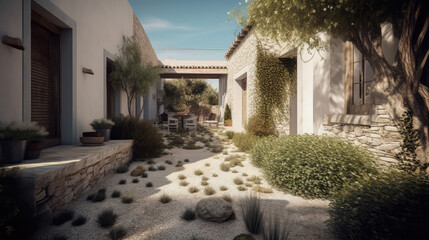 Naklejka premium 3D render greece ancient concept, Home and Garden Embracing the Timeless Elegance and, Creating a Harmonious Fusion of Indoor and Outdoor Spaces