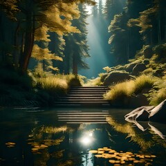 A lush, green forest with sunlight filtering through the trees