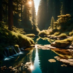 A lush, green forest with sunlight filtering through the trees