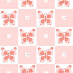 Cute checkered seamless pattern with flowers and butterflies. Vector graphics.