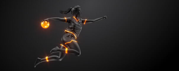 Abstract silhouette of a handball player on black background. Handball player woman are throws the ball.