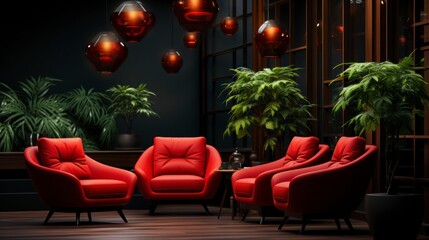 Obraz premium Elegant dark interior with bright red armchairs, 3d render. Created with generative AI.