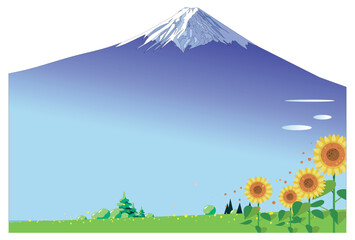 富士山を背景に向日葵が咲いている夏の野原の風景