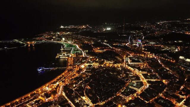 DRON shot of the capital of Azerbaijan, Baku, at night