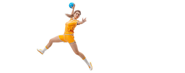 Fototapeta na wymiar Realistic silhouette of a handball player on white background. Handball player woman are throws the ball.