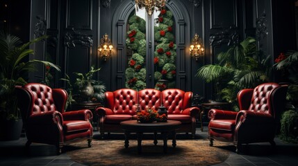 Elegant dark interior with bright red armchairs, 3d render. Created with generative AI.