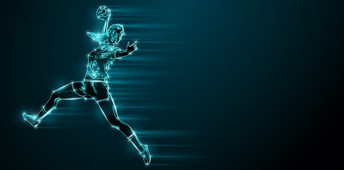 Abstract silhouette of a handball player on black background. Handball player woman are throws the ball.