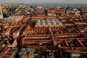 The famous Grand Bazaar in Istanbul, Turkey. Aerial view of the roof of the Grand Bazaar in sunny...