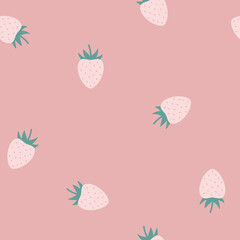 Obraz premium Różowe truskawki na jasnym tle. Dekoracyjny letni wzór wektorowy. Słodkie, soczyste owoce.