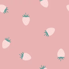 Poster Różowe truskawki na jasnym tle. Dekoracyjny letni wzór wektorowy. Słodkie, soczyste owoce. © Monika