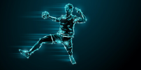 Abstract silhouette of a handball player on black background. Handball player man are throws the ball.