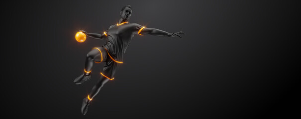 Abstract silhouette of a handball player on black background. Handball player man are throws the ball. © Yevheniia