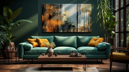 Obraz premium Home interior mock-up with green sofa, table and decor in living room, 3d render. Created with generative AI.