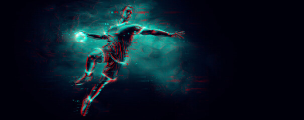 Abstract silhouette of a handball player on black background. Handball player man are throws the ball.