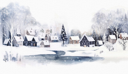 Watercolor illustration winter forest with houses and nature. christmas design.