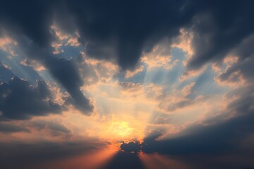 sunbeams through the clouds, the sun rays shining against the looming clouds. AI Generated
