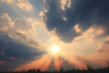 sunbeams through the clouds, the sun rays shining against the looming clouds. AI Generated