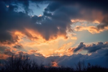 sun rays coming down through a cloudy sky, sunbeams through the clouds. AI Generated