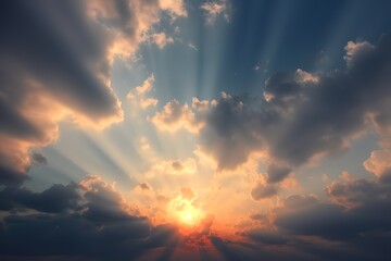 Fototapeta premium sun rays coming down through a cloudy sky, sunbeams through the clouds. AI Generated