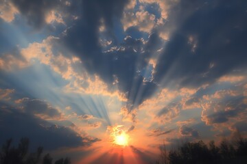 sun rays coming down through a cloudy sky, sunbeams through the clouds. AI Generated