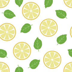 Seamless pattern of slices of lemon and mint