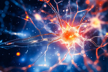 Réseau neuronal avec activité électrique des cellules neuronales. Neuroscience, neurologie, système nerveux et impulsion, activité cérébrale, concepts de microbiologie. Générative IA