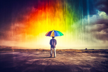 Personne sous la pluie avec un parapluie, dans un arc en ciel de couleurs, concept des émotions de la vie : joie, tristesse - Générative IA