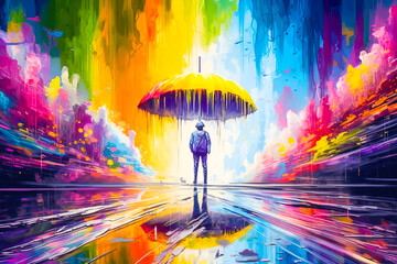 Personne sous la pluie avec un parapluie, dans un arc en ciel de couleurs, concept des émotions de la vie : joie, tristesse - Générative IA	