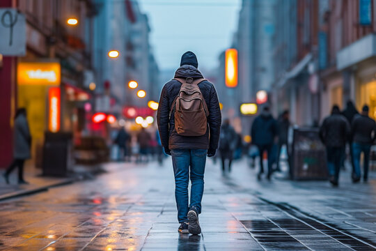 Homme marchant dans la rue d'une ville, vu de dos - Générative IA