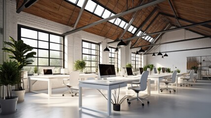 Fototapeta na wymiar Loft style open space eco-office in a modern urban building. Ceiling with beams, large tables with chairs, desktop computers, plants in floor pots, panoramic windows with nature view. 3D rendering.