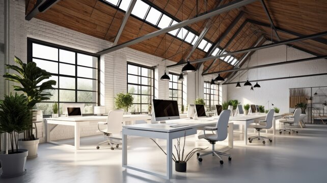 Loft style open space eco-office in a modern urban building. Ceiling with beams, large tables with chairs, desktop computers, plants in floor pots, panoramic windows with nature view. 3D rendering.