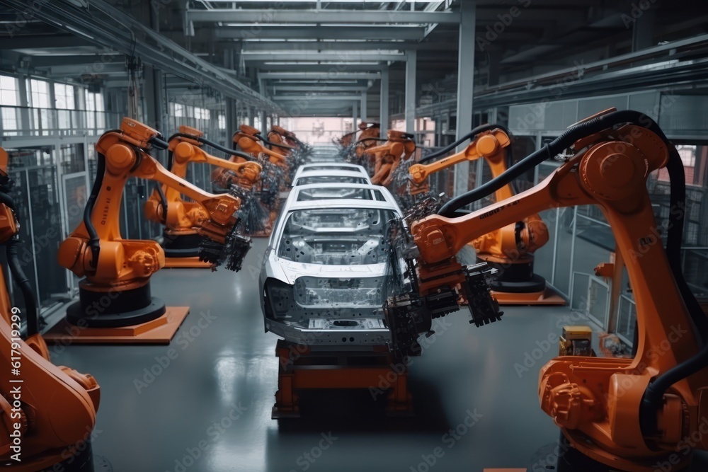 Poster robotic conveyor line for car assembly. modern workshop with automated equipment. mechanical assembl