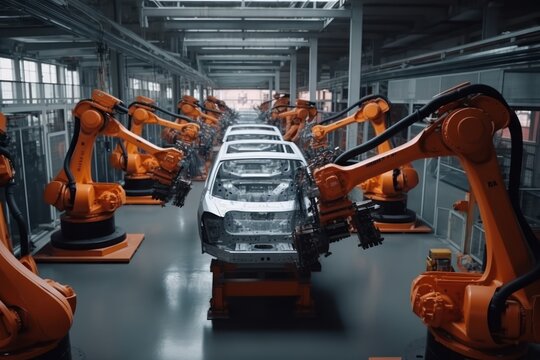 Robotic conveyor line for car assembly. Modern workshop with automated equipment. Mechanical assembly of car bodies. Automated production of cars at the factory, complete replacement for manual labor.