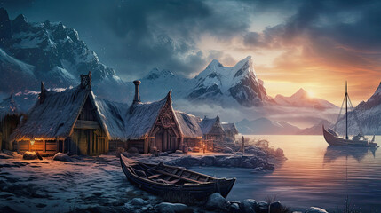 Fototapeta na wymiar ai generative midjourney illustration of viking houses in a viking landscape by water